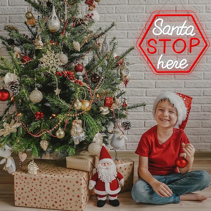 Santa Stop Here Neon Sign – Christmas LED Wall Light, Holiday Decoration for Home, Porch, or Party