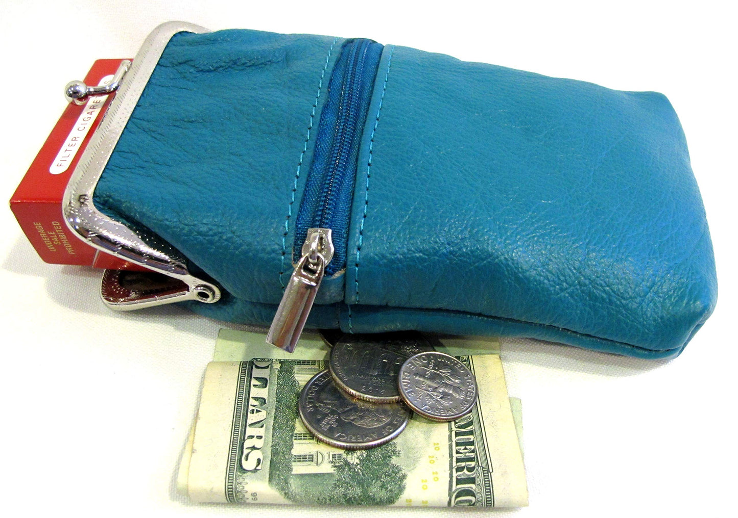 Women 100% Pure Leather Cigarette Case Lighter Match Pocket Zipper Coin Pouch -Teal