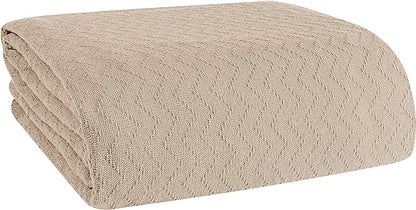 BELIZZI HOME 100% Cotton Bed Blanket, Breathable Thermal Blanket King Size, Soft Chevron 90inchx102inch, Perfect for Layering Any All Season, Beige, Biege, (90inchx102inch)