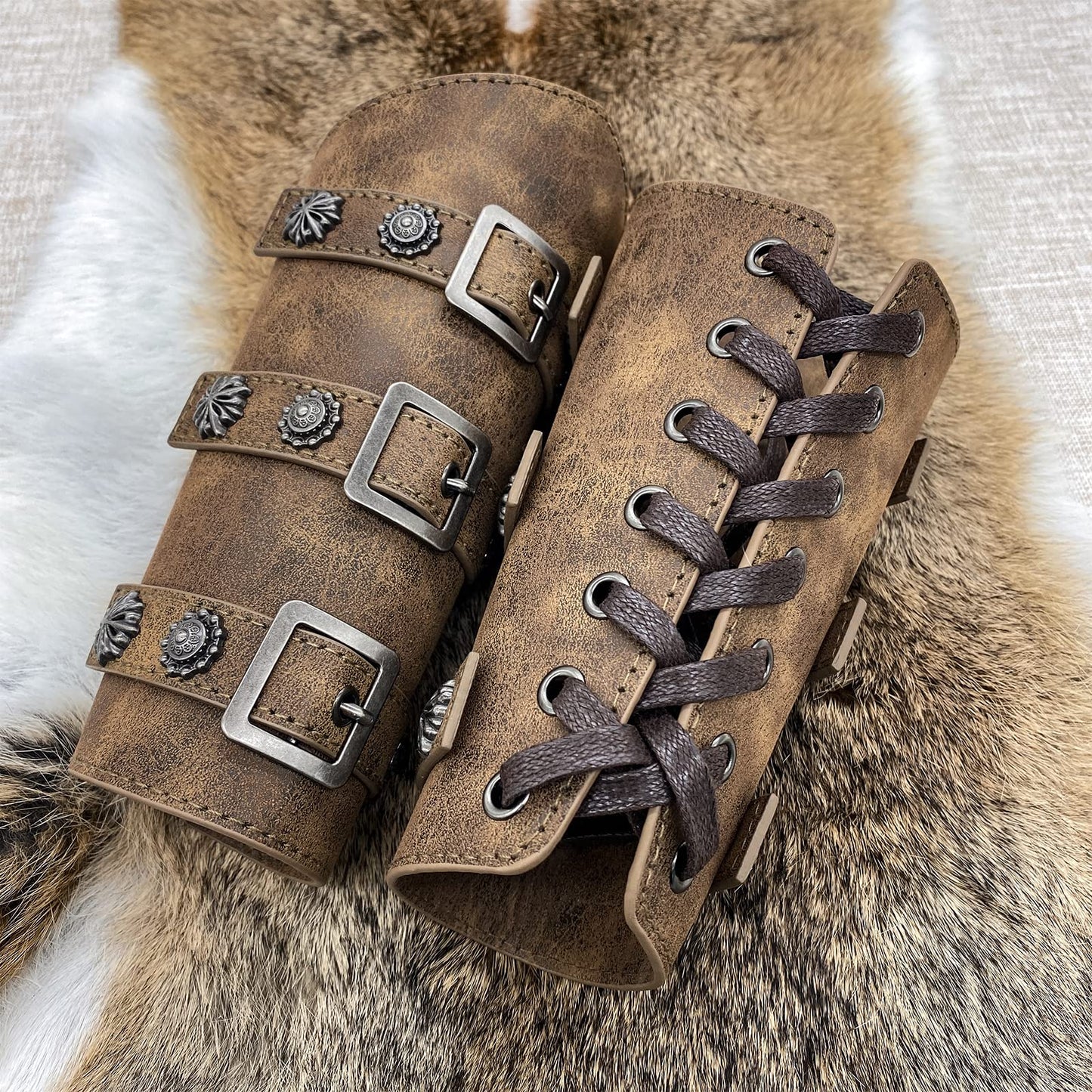 Jeilwiy Leather Gauntlet Wristband Viking Wrist Guards Renaissance Arm Cuffs Archery Bracers Leather Armband Wrist Armor Viking Faux Leather Arm Bracers Brown Bracers for Men Women