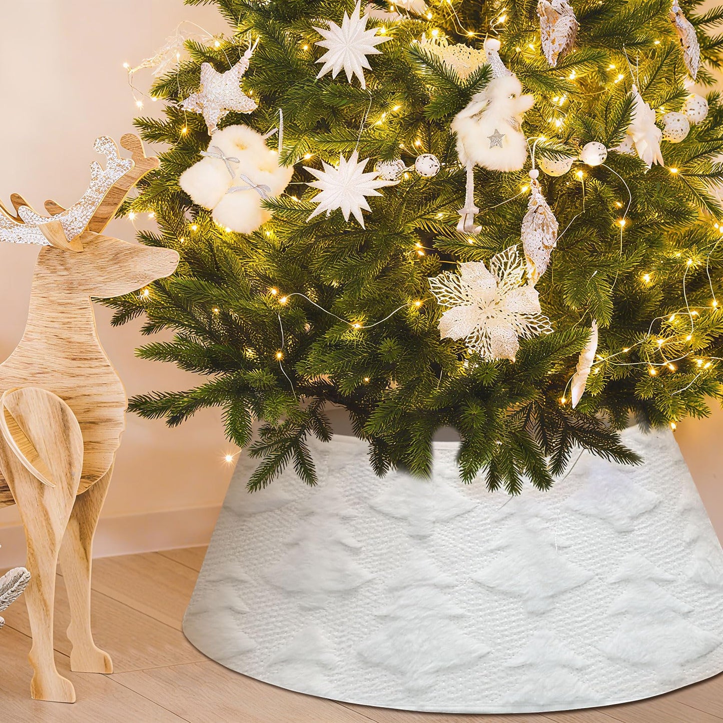 Halloscume 28.35 Inch Christmas Tree Collar Xmas Trees Skirt Boho Rustic White Faux Fur Christmas Tree Ring Skirt with Trees Pattern for Xmas Holiday Decoration Home Decor