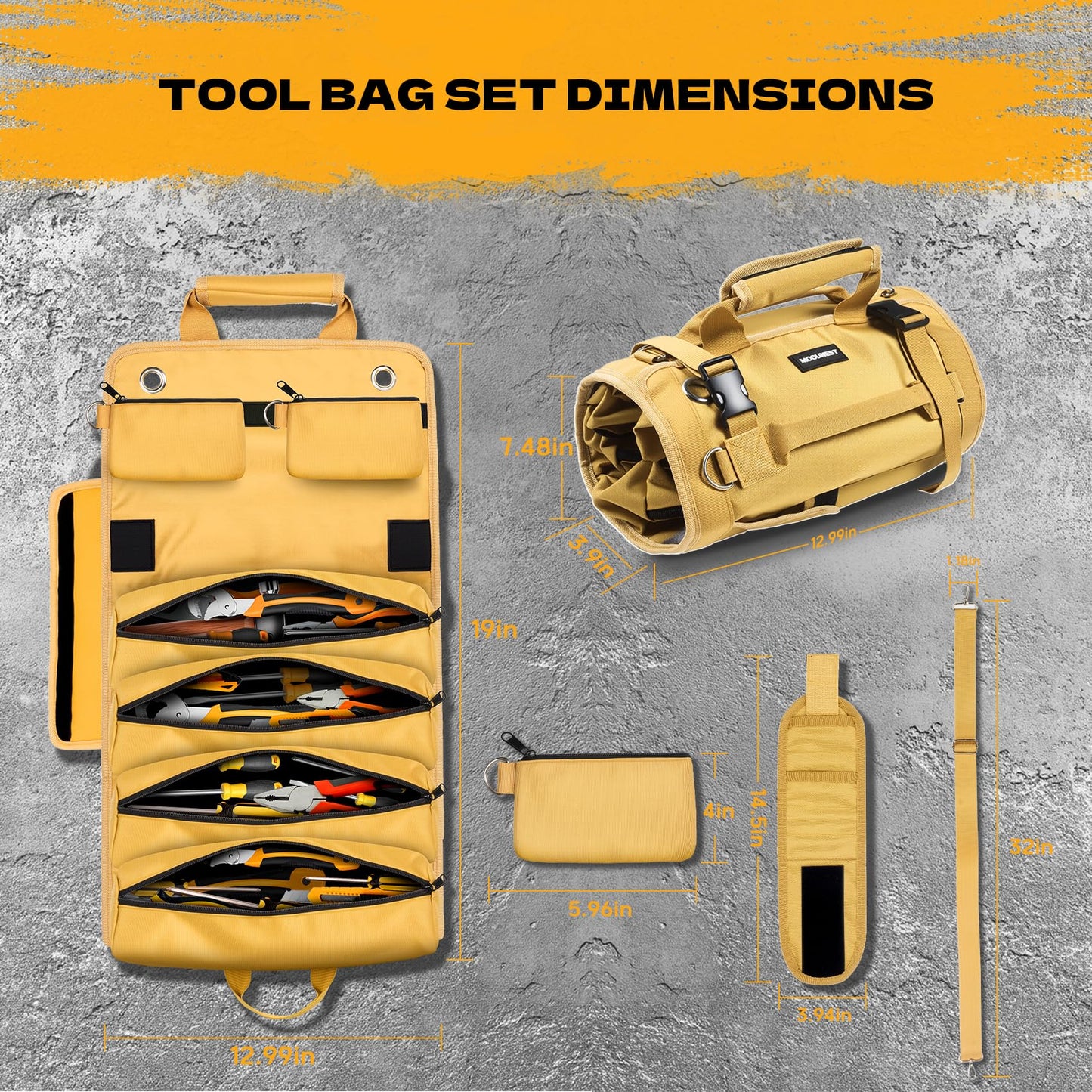Tool Bag Roll Up Large Heavy Duty, Waterproof Oxford Fabric Tool Storage Organizer with Shoulder Strap Detachable Magnetic Wristband, Foldable Carrying Toolbag for Car Mechanic And Electrician(Khaki)