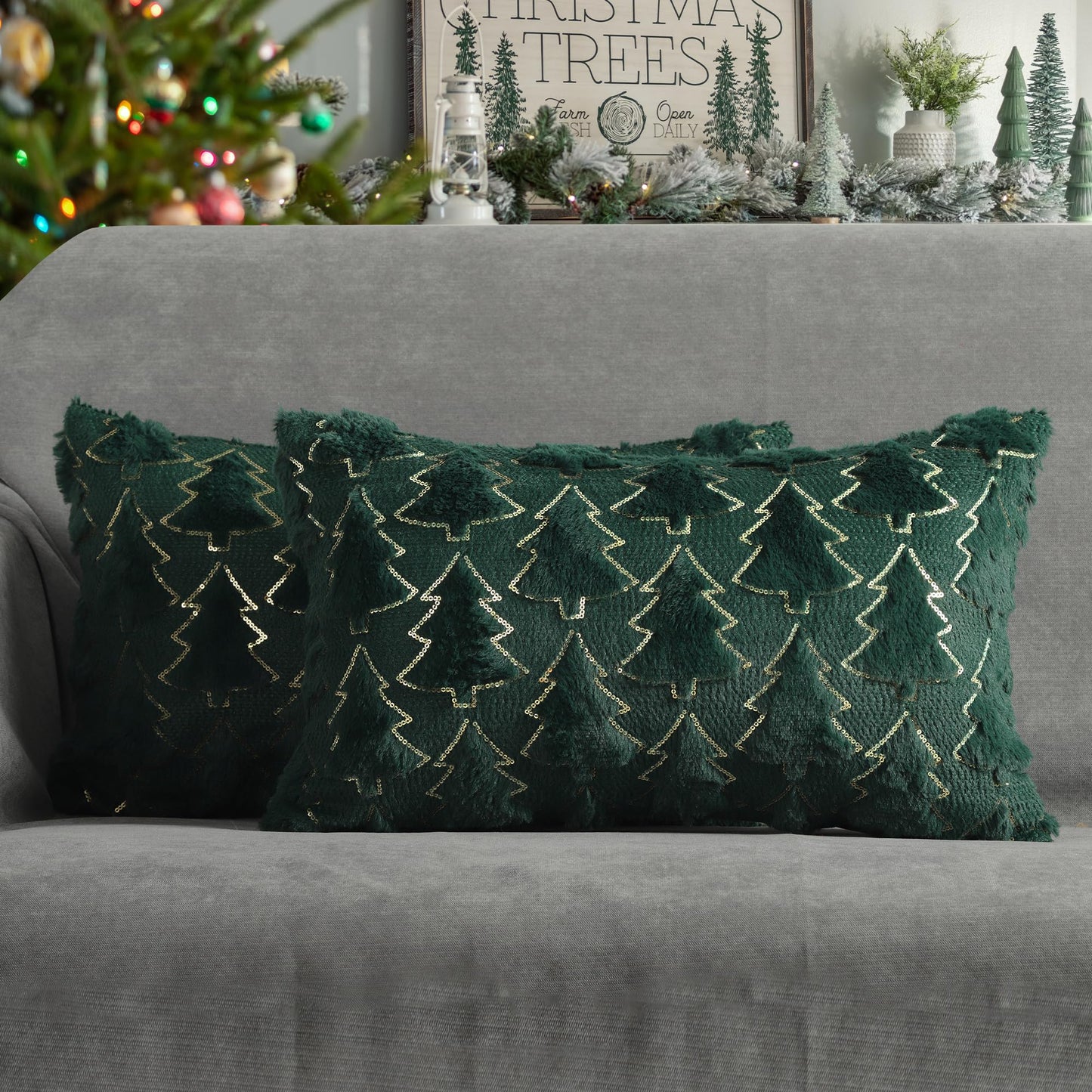 4TH Emotion Christmas Tree Decorative Lumbar Pillow Covers 12x20 Set of 2, Green Soft Plush Faux Fur Farmhouse Throw Cushion Cases for Xmas Winter Holiday Home Decorations
