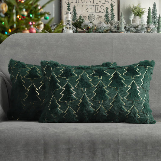 4TH Emotion Christmas Tree Decorative Lumbar Pillow Covers 12x20 Set of 2, Green Soft Plush Faux Fur Farmhouse Throw Cushion Cases for Xmas Winter Holiday Home Decorations