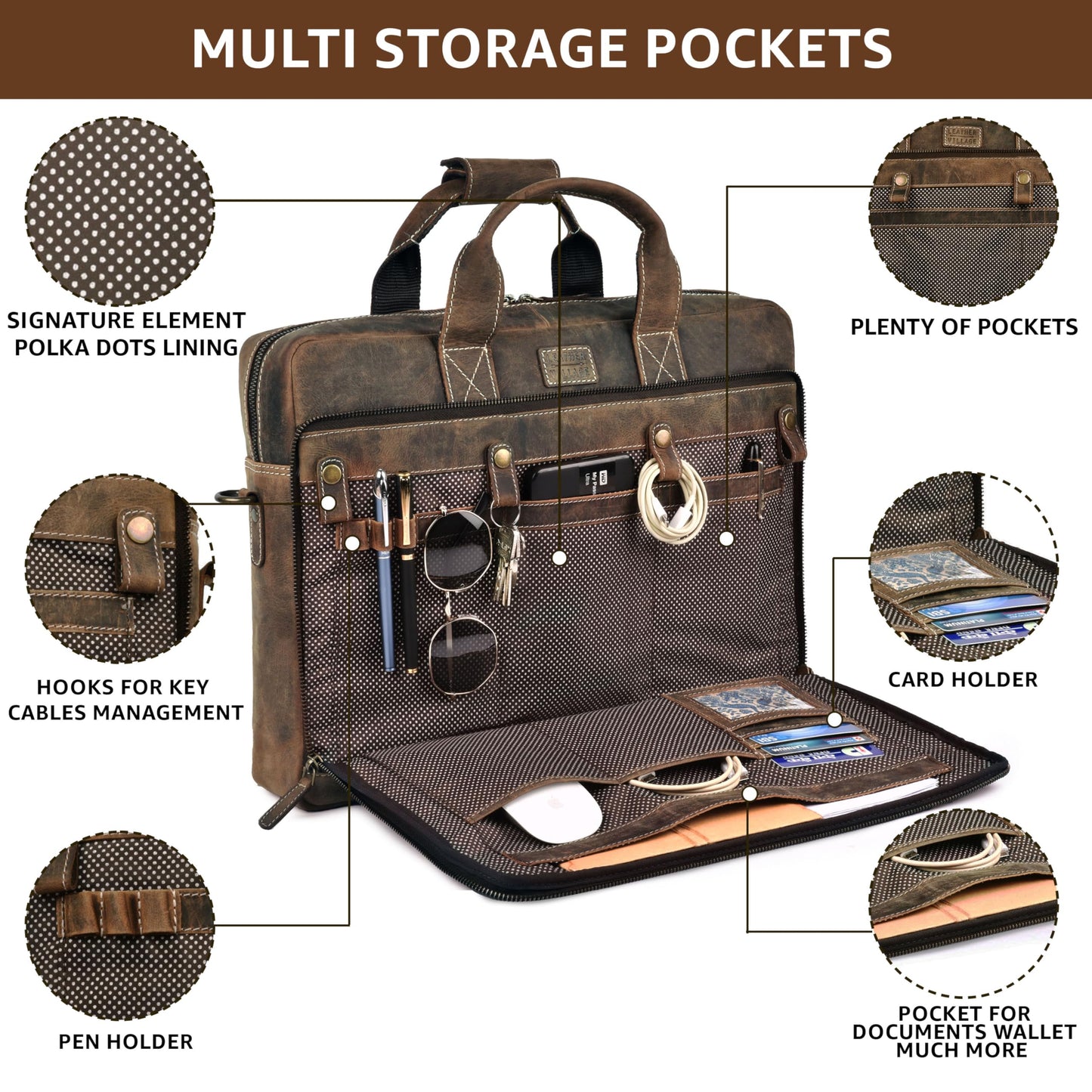 LEATHER VILLAGE 16" Leather Laptop Messenger Briefcase Bag for Men-Leather Satchel for Travel and Office Shoulder Bag- Rustic Brown