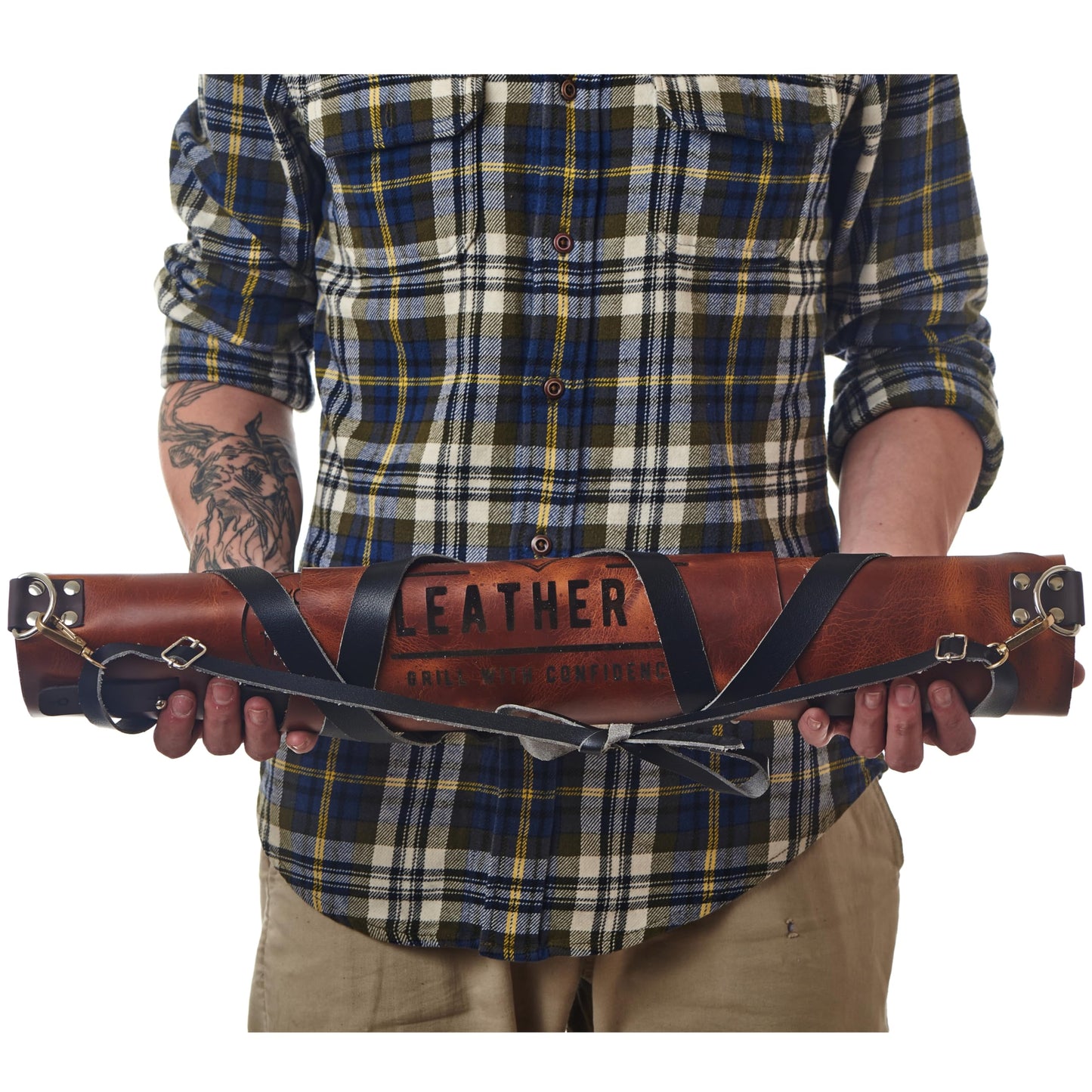 Leather G, Grill Apron with Beer Holder and Hand Towel, BBQ Pitmaster Apron – Heavy Duty, Made of Genuine Leather – Storage Pockets and Adjustable Straps for Grilling, Cooking (Brown Leather)