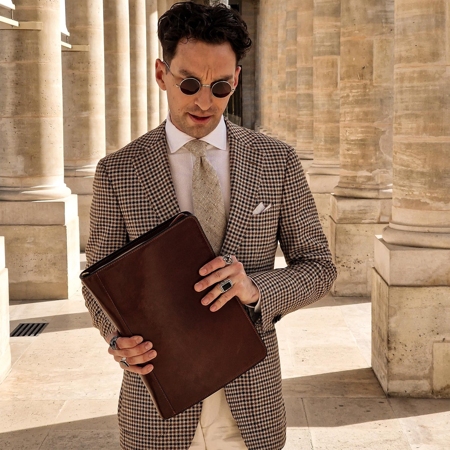 Time Resistance Leather Portfolio - A4 Document Folder - Italian Handcrafted Padfolio Organizer (Brown) - Gift Box Included