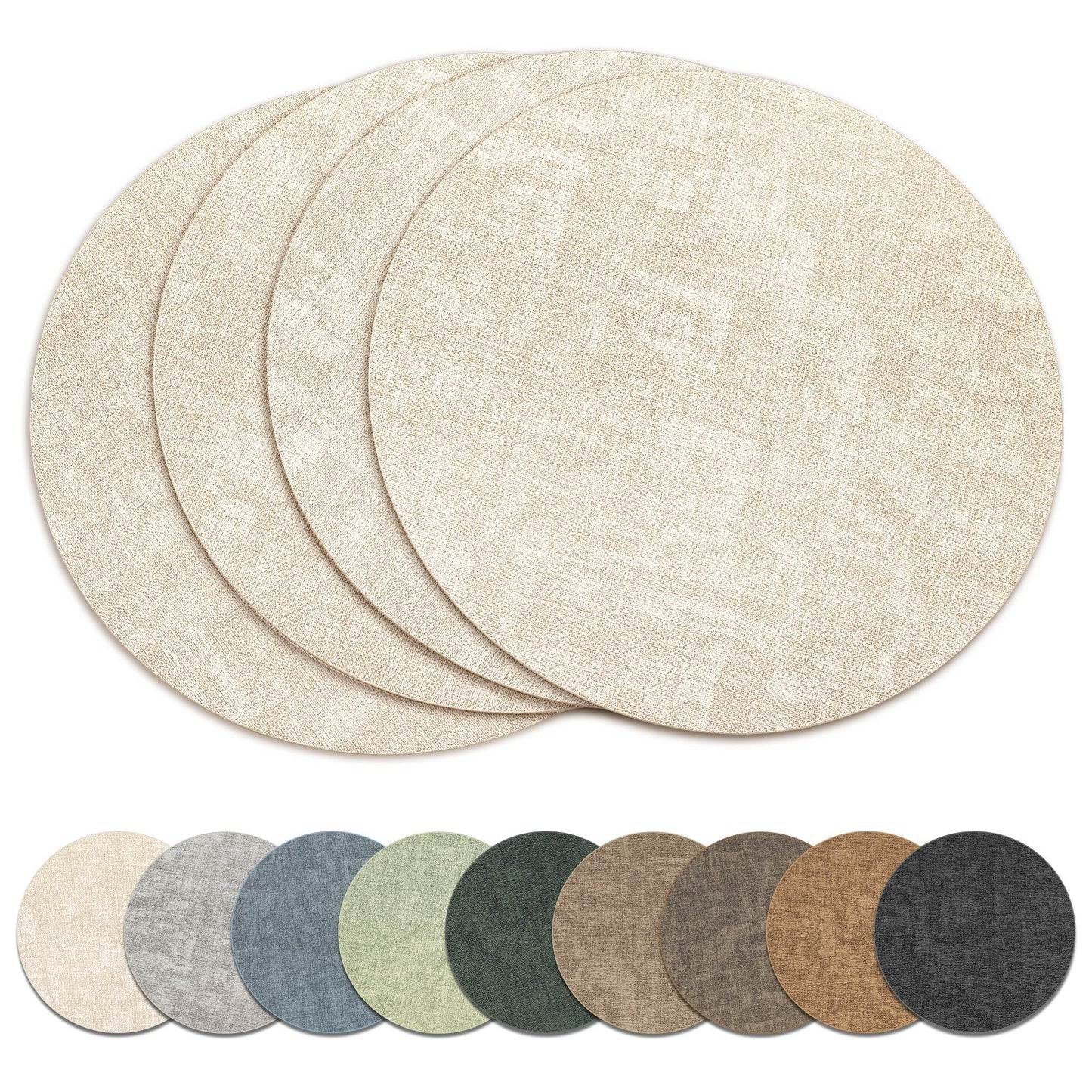 13" Round Placemats Set of 4, Reversible Faux Leather Heat Resistant Table Mats, 100% Waterproof Oilproof Wipeable Table Protective Placemats for Vinyl, Washable for Indoor & Outdoor Use (4, Beige)