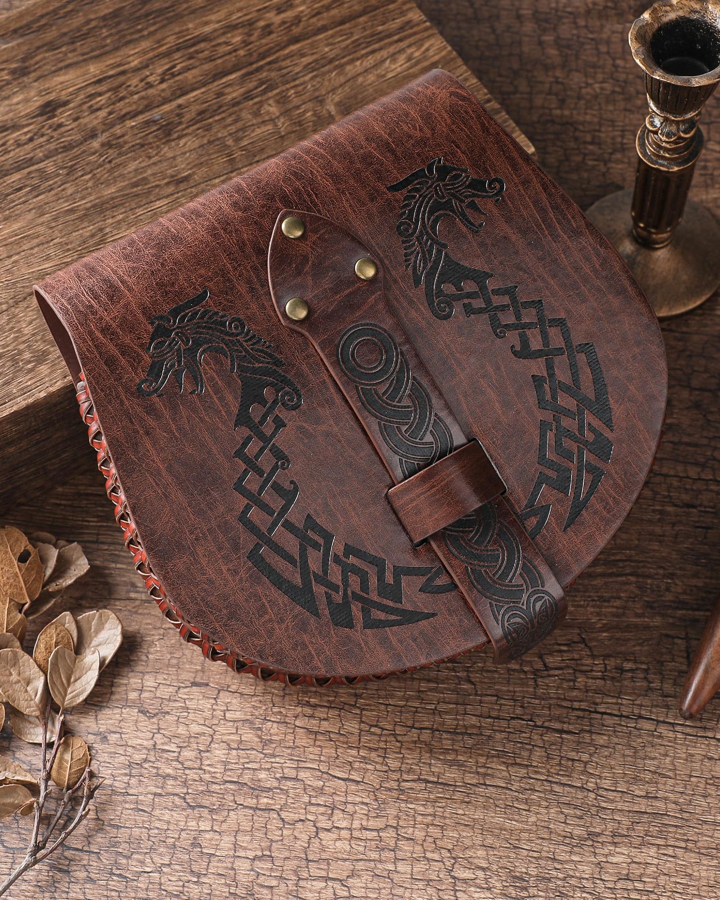 CoTeeZa Medieval Faux Leather Belt Pouch - Adjustable Brown Viking Dragon Ship Embossed Waist Bag for LARP Renaissance Halloween Cosplay Festival Costume Accessories for Men Women