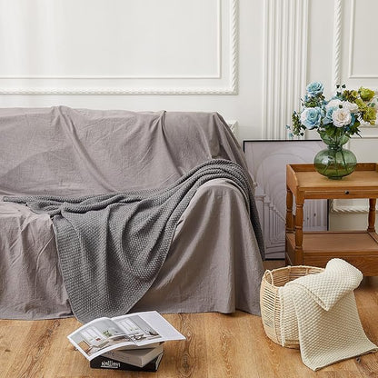 Longhui bedding Grey Knitted Throw Blanket for Couch, Soft, Cozy Machine Washable 100% Cotton Sofa Knit Blankets, Heavy 3.0lb Weight, 51 x 63 Inches, Gray and White Color,Laundry Bag Included