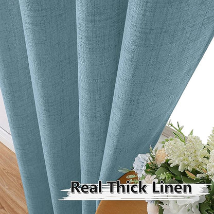 Tollpiz Linen Tier Curtain Rod Pocket Semi Sheer Half Kitchen Curtains Burlap Light Filtering Thick Linen Drape for Bathroom, 30 x 36 inches Long, Dusty Blue, Set of 2 Panels