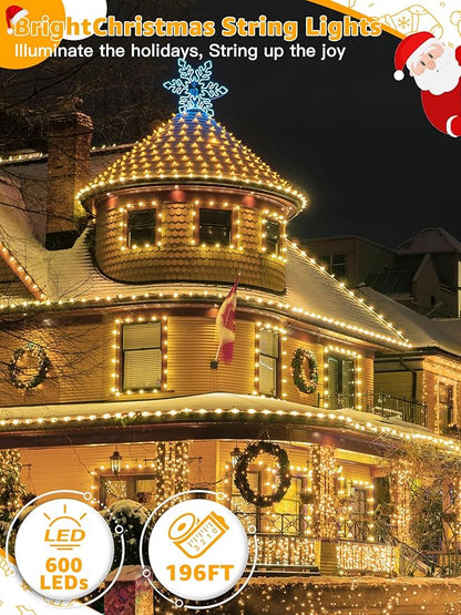 Christmas Lights 600 LED 196 FT, Waterproof Outdoor String Lights with Remote and Timer, Christmas Tree Lights with 8 Modes Dimmable, Fairy Lights for Holiday Decor (Warm White)