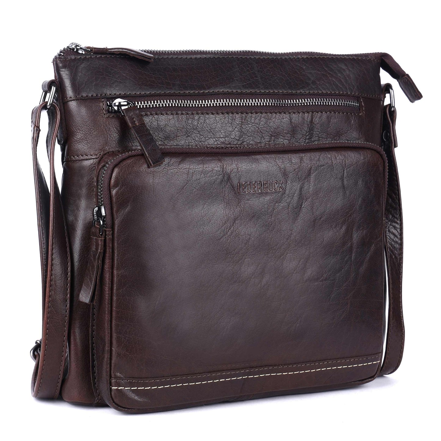 LEDERBUCK Olga Women's Extra-Large Genuine Leather Crossbody Purse – Soft Triple-Zip Shoulder Bag (Brown)