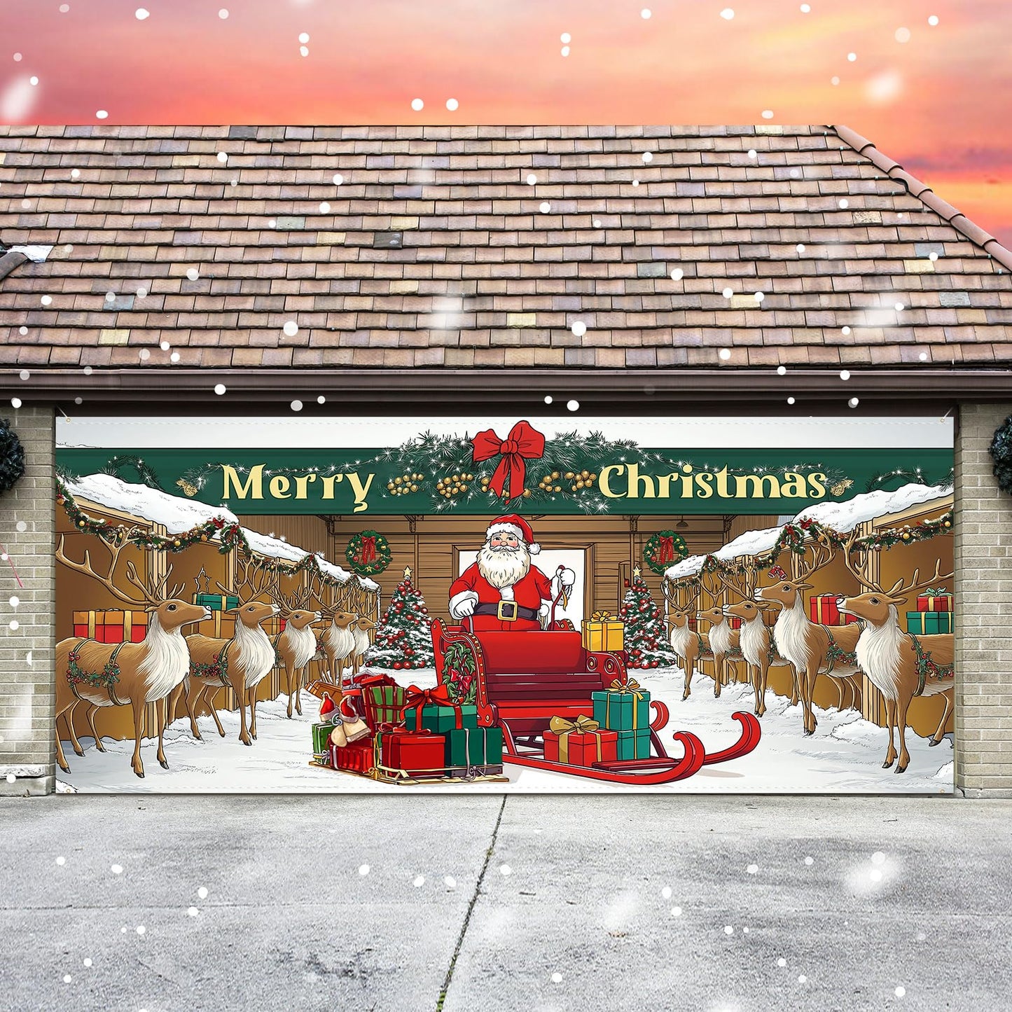 Tingjoo 7 x 16 ft Christmas Garage Door Cover Banner Christmas Garage Door Decorations African American Large Holiday Decorations Banner for Xmas Winter party (Reindeer Barn)