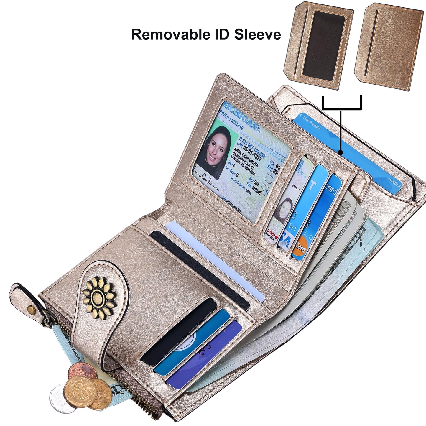 Lavemi Womens Leather Wallet Small Compact RFID Blocking Credit Card Case Purse with Zipper Pocket(Champagne Gold)