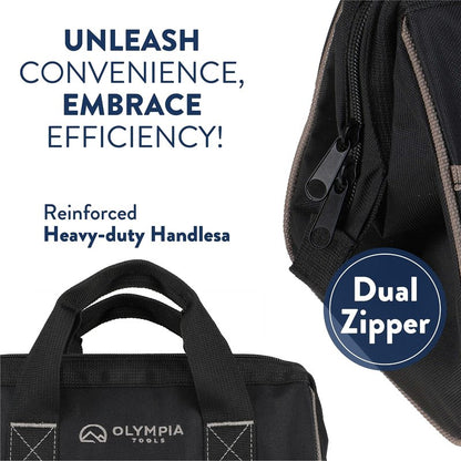 Olympia Tools Tool Bag 12 Inch, Heavy Duty Tools Bag with 3 Large Pockets, Adjustable Shouder Straps and 600D Reinforced Material