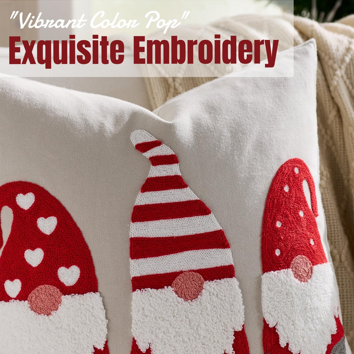 Farmhouse Christmas Pillow Covers 18x18 Set of 2, Xmas Embroidered Throw Cushion Cases with Festive Patterns for Rustic Home Holiday Decor (Gnome Trio Light Grey, 18" x 18" (Pack of 2))