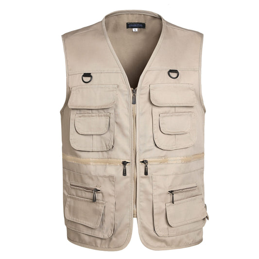 LISUHEPEAL Men's Fishing Vest Summer Outdoor Work Safari Travel Photo Khaki Vests with Multi Pockets For Men (S18-Khaki, XL)