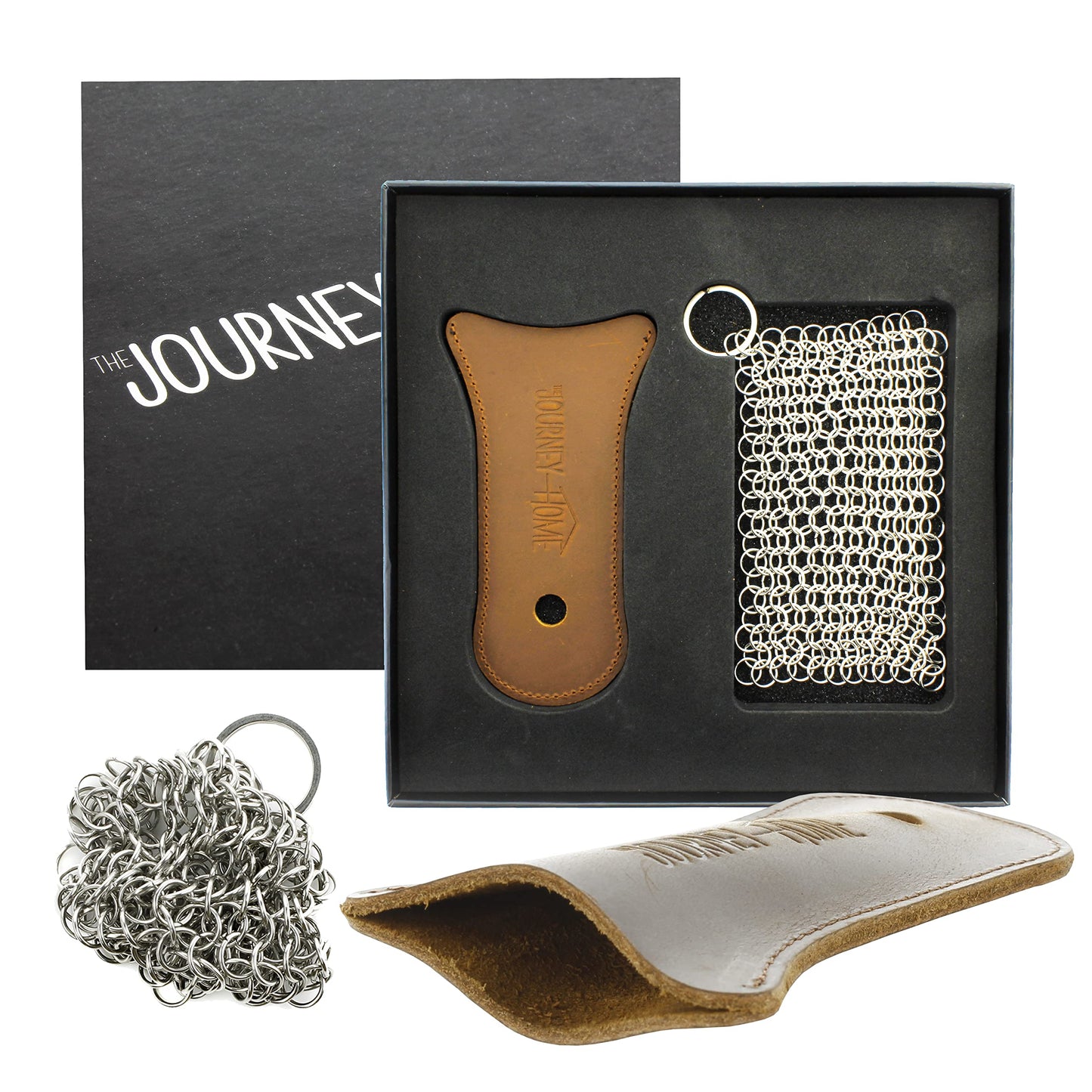 The Journey Home Cast Iron Skillet Handle Covers - Cast Iron Handle Cover w/Metal Scrubber - Heat Resistant Leather Pan Handle w/Hole - Cast Iron Accessories - Gift Sets for Men - Chainmail Scrubber