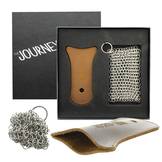 The Journey Home Cast Iron Skillet Handle Covers - Cast Iron Handle Cover w/Metal Scrubber - Heat Resistant Leather Pan Handle w/Hole - Cast Iron Accessories - Gift Sets for Men - Chainmail Scrubber