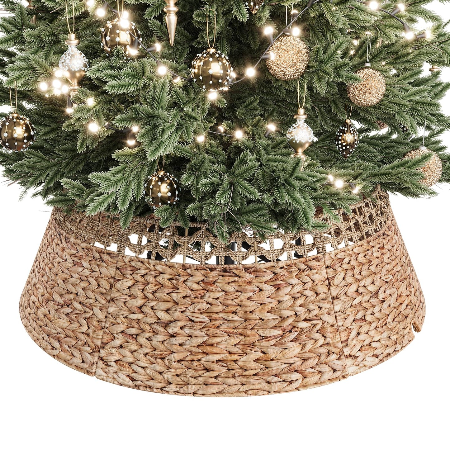 ELYKEN 33 Inch Woven Rattan Christmas Tree Collar, Stylish Seagrass & Water Hyacinth Xmas Tree Skirt for Artificial Trees, Wicker Tree Base Cover with Cord Cut-Out Farmhouse Tree Ring for Home Decor