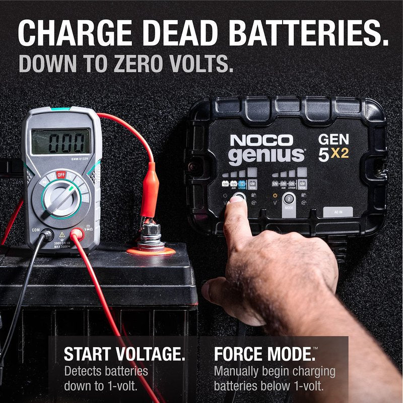 NOCO Genius GEN5X2: 2-Bank, 10A Onboard Battery Charger - 5A Per Bank, 12V Waterproof Marine Charger with Overcharge Protection & Temperature Compensation – for Lead-Acid & Lithium Batteries