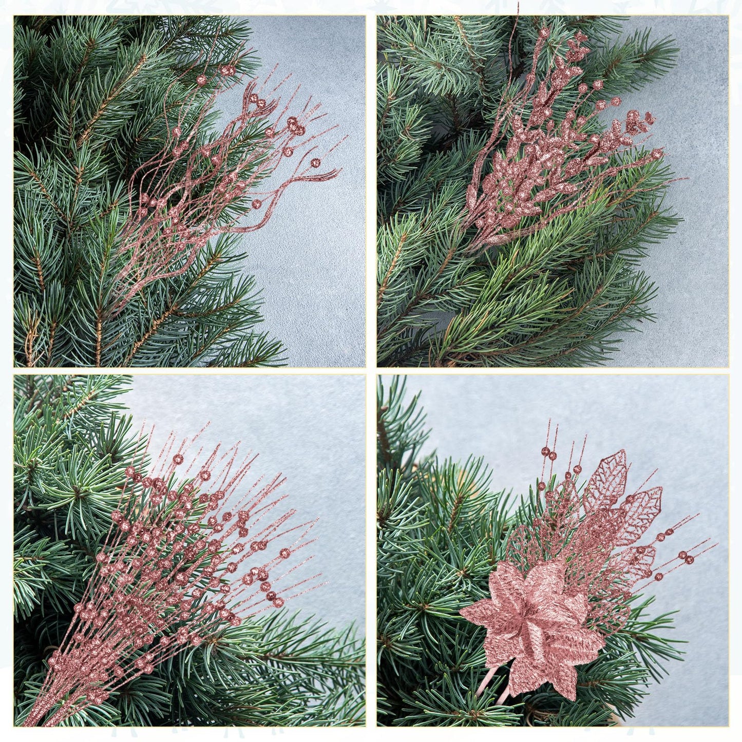 Syhood 30 Pack Holiday Vase Picks and Sprays Glitter Artificial Poinsettia Flower Berry Stems Ornaments Tree Picks Branches Curly Wispy Twigs Sticks for DIY Craft Wreath Decor(Rose Gold)