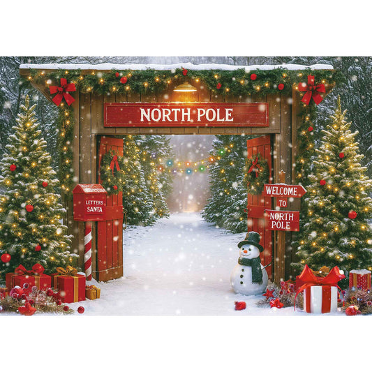 Fluzimir Christmas Photography Backdrop 8x6ft – Rustic Snowy Forest Barn Door with Xmas Tree, North Pole Winter Scene Fabric Photo Background for Family Party, Baby Holiday Photos