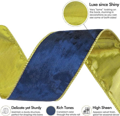 MEEDEE Navy Blue and Gold Velvet Ribbon 2.5 inch Thick Velvet Wired Edge 10 Yards Spool Two Tone Ribbon for Christmas Tree, Gift Wrapping, Wreaths, Bows, Swags, Crafts Supply
