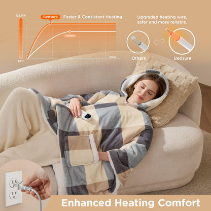 Bedsure Heated Blanket Wearable Shawl - Electric Wrap Poncho Blanket Hoodie for Adult, Birthday Gifts for Mom Women, Sherpa Heating Throw with 4 Time Settings & 6 Heat Settings, 55x64 inches, Grey