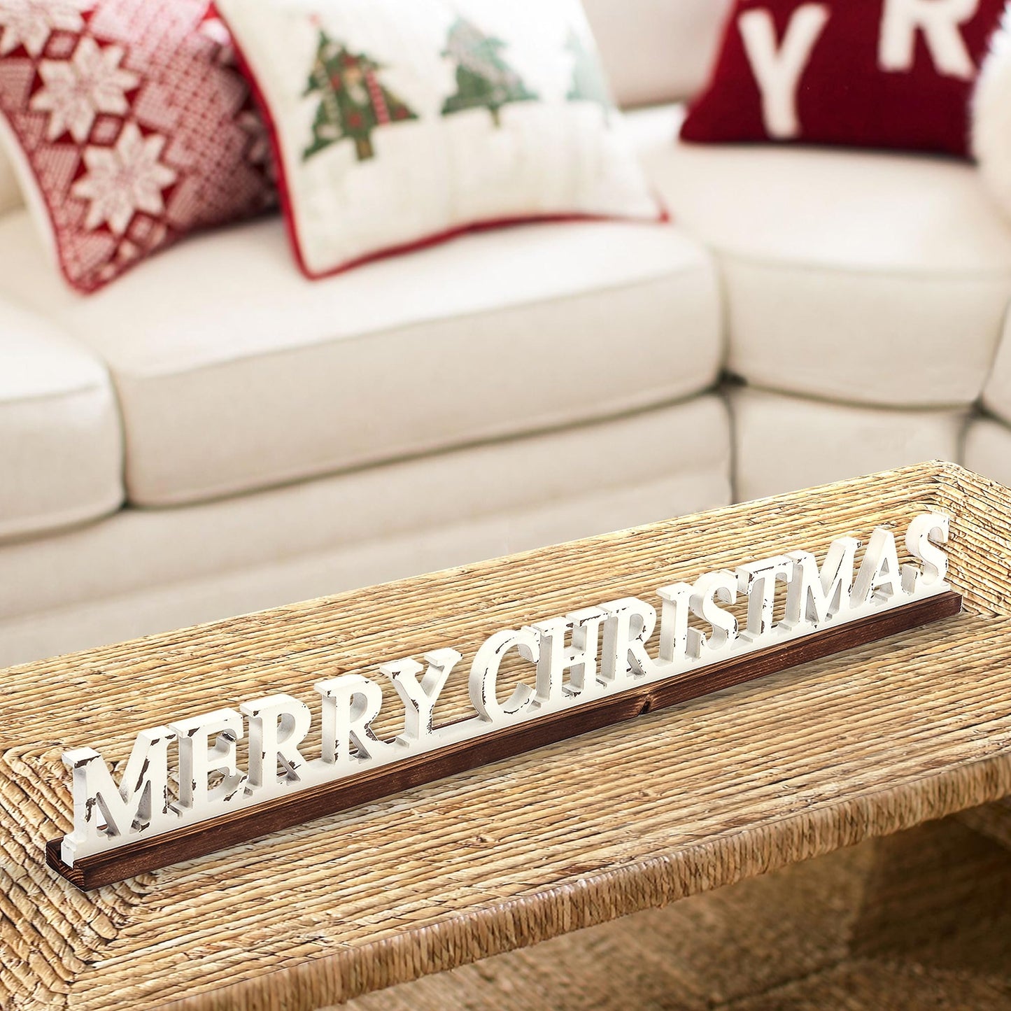Farmhouse Merry Christmas Signs for Home Decor 36 inch, Handmade Distressed Finish White Winter Decor Christmas Wood Signs, Rustic Long Xmas Sign for Tabletop Shelf Mantle Living Room Bedroom