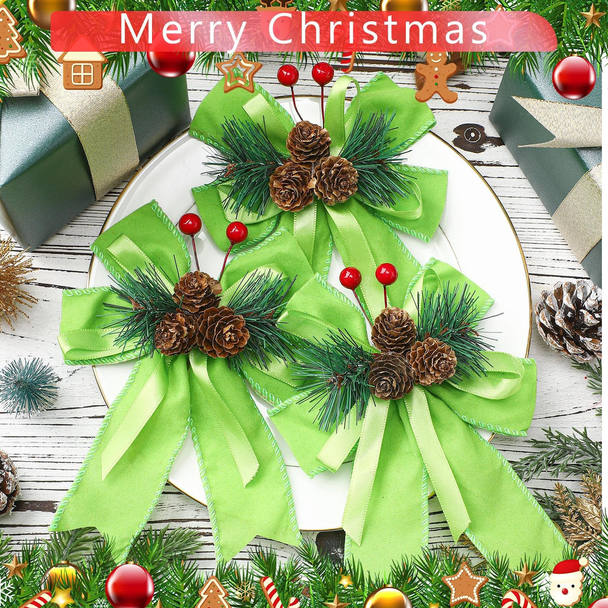 Syhood 6 Pcs Christmas Velvet Bow with Pine Cones Pine Needles Berries Xmas Lime Green Ribbon Bow Ornaments 6.3 x 5.1 Inch for Christmas Tree Wreath Garden Fireplace Crafts DIY Decor