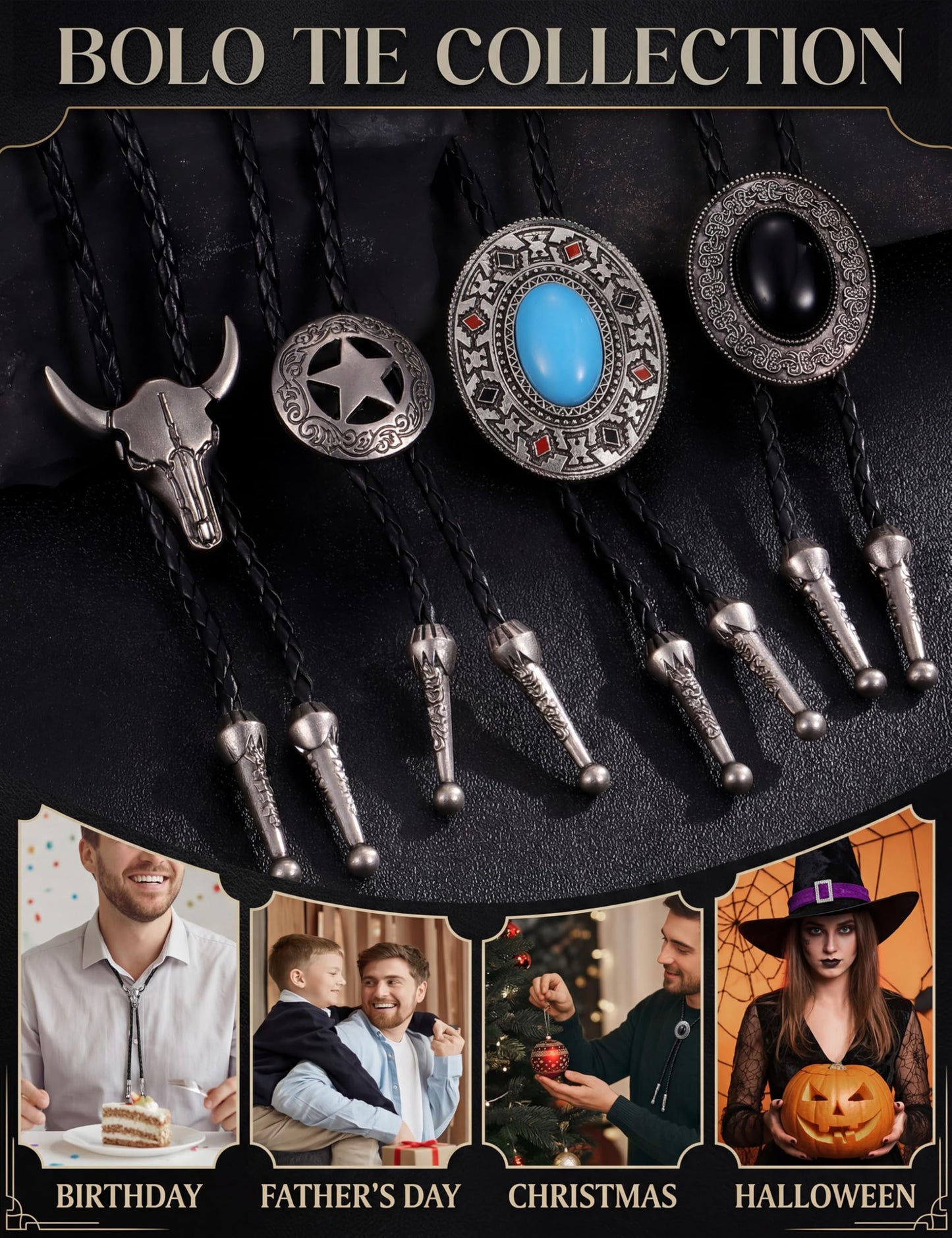 Kakonia Bolo Tie for Men Cowboy Cowgirl Costume Leather Necktie Western Necklace Turquoise Native American Bolo Tie Wedding Accessories for Men Women