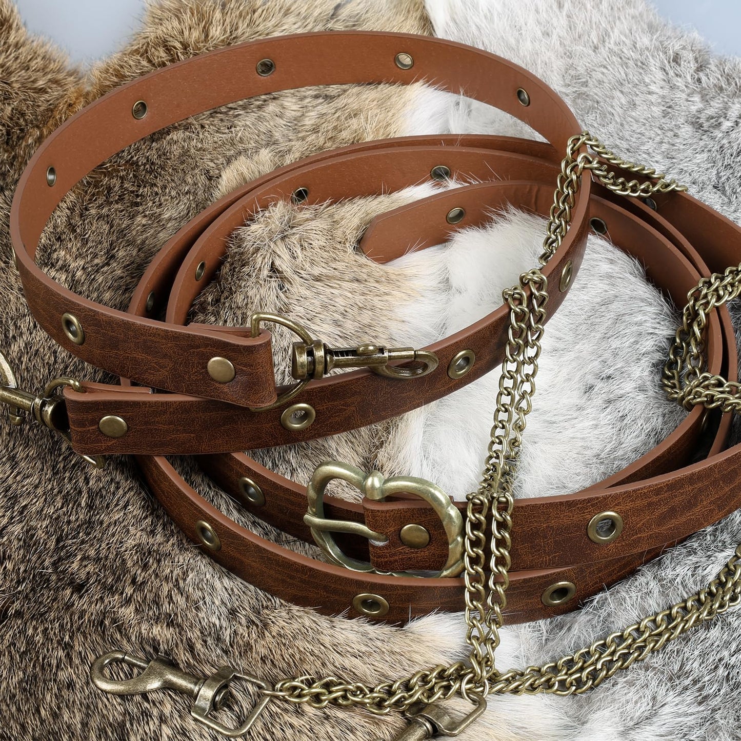 HiiFeuer Medieval DIY Faux Leather Metal Chain Belt, Vintage Adjustable Thin Belt For Women, Retro Skinny Belt For Dresses (Brown B)