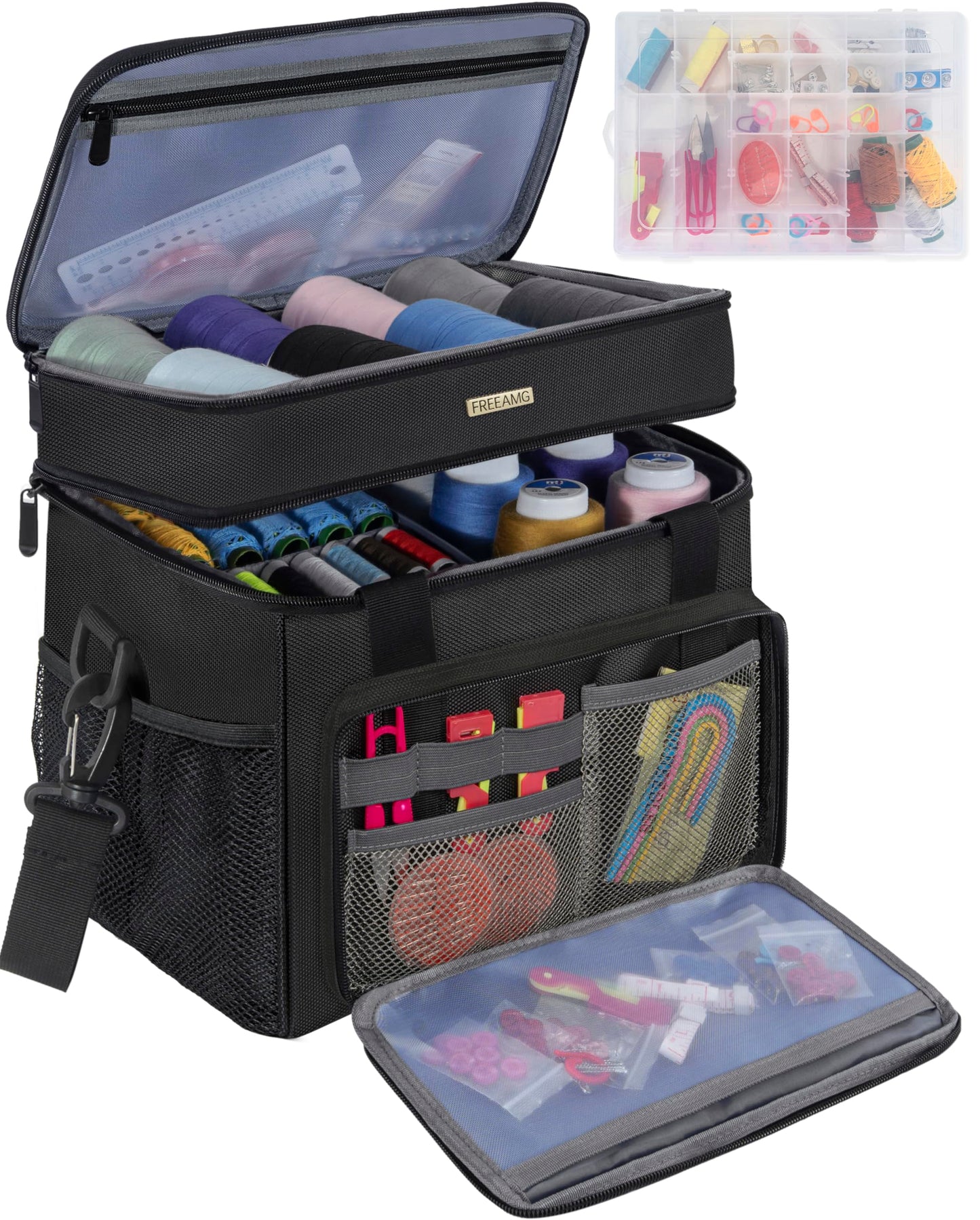 FREEAMG Double Layer Sewing Storage Bag, Large Capacity Sewing Accessories Organizer Travel Sewing Case with Shoulder Strap & Clear Organizer Box (No Tools Included)