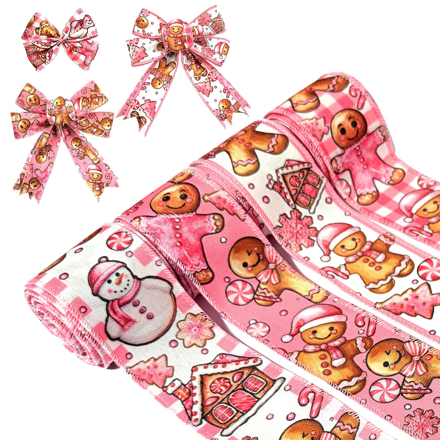 4 Rolls 24 Yards Pink Christmas Wired Ribbon, Gingerbread Man, Snowman Snowflake Ribbon Christmas Swirl Burlap Gift Wrapping Line for DIY Craft Bow Garland Decoration,2 Inch