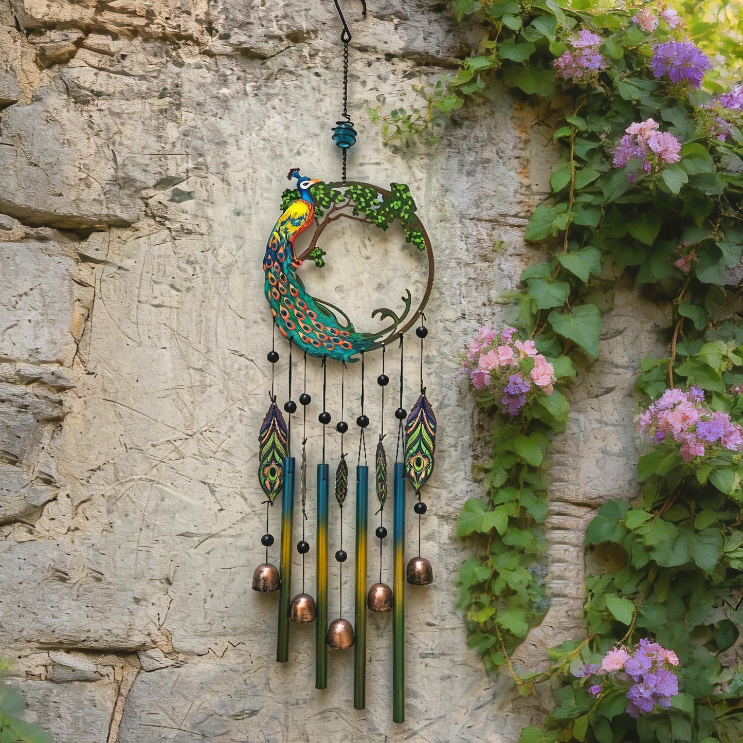 Peacock Dream Catchers Windchimes with Copper Bells 28" Peacock Wind Chimes for Zen Atmosphere Outdoor Garden Decor Unique Peacock Gift Home Decor