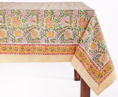 ATOSII Clover Green 100% Cotton Rectangle Boho Summer Tablecloth, Block Print Floral Table Cloth Linen for Dining, Parties, Weddings, Outdoors Home Decor 72 X 108 Inches I 8 Seater