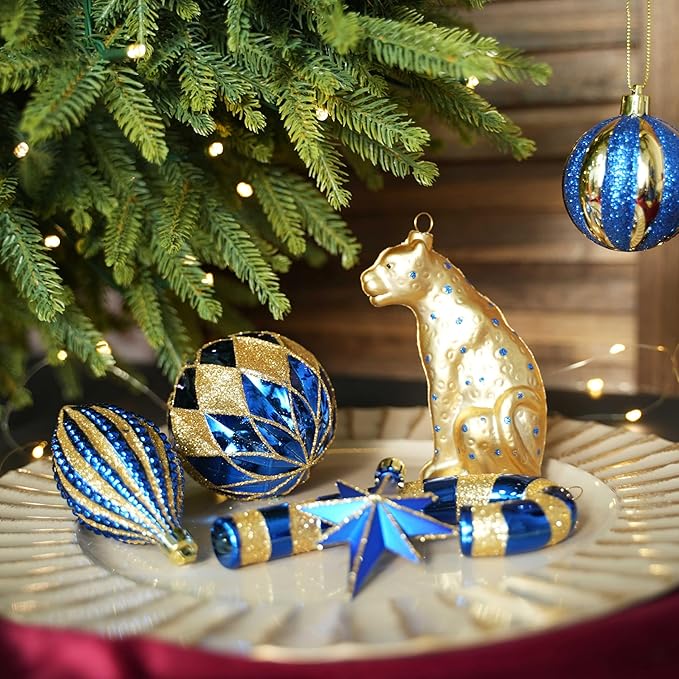SHareconn 145pcs Christmas Balls Ornaments Set, Shatterproof Plastic Baubles Snowflakes, Stars and Tree Topper for Xmas Tree Holiday Wedding Party Decorations with Hanging Strings, Gold and Blue