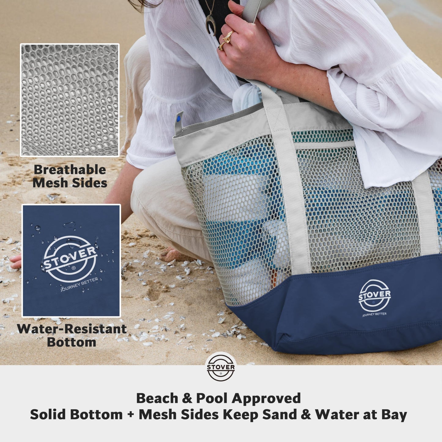 STOVER Extra Large Mesh Nylon Beach Bag, Vacation, Pool, Shopping, Toy, & Travel Tote - Foldable w/Storage Pouch & Pockets for Women, Men & Families - Heavy-Duty and Water-Resistant (Coastal Grey)