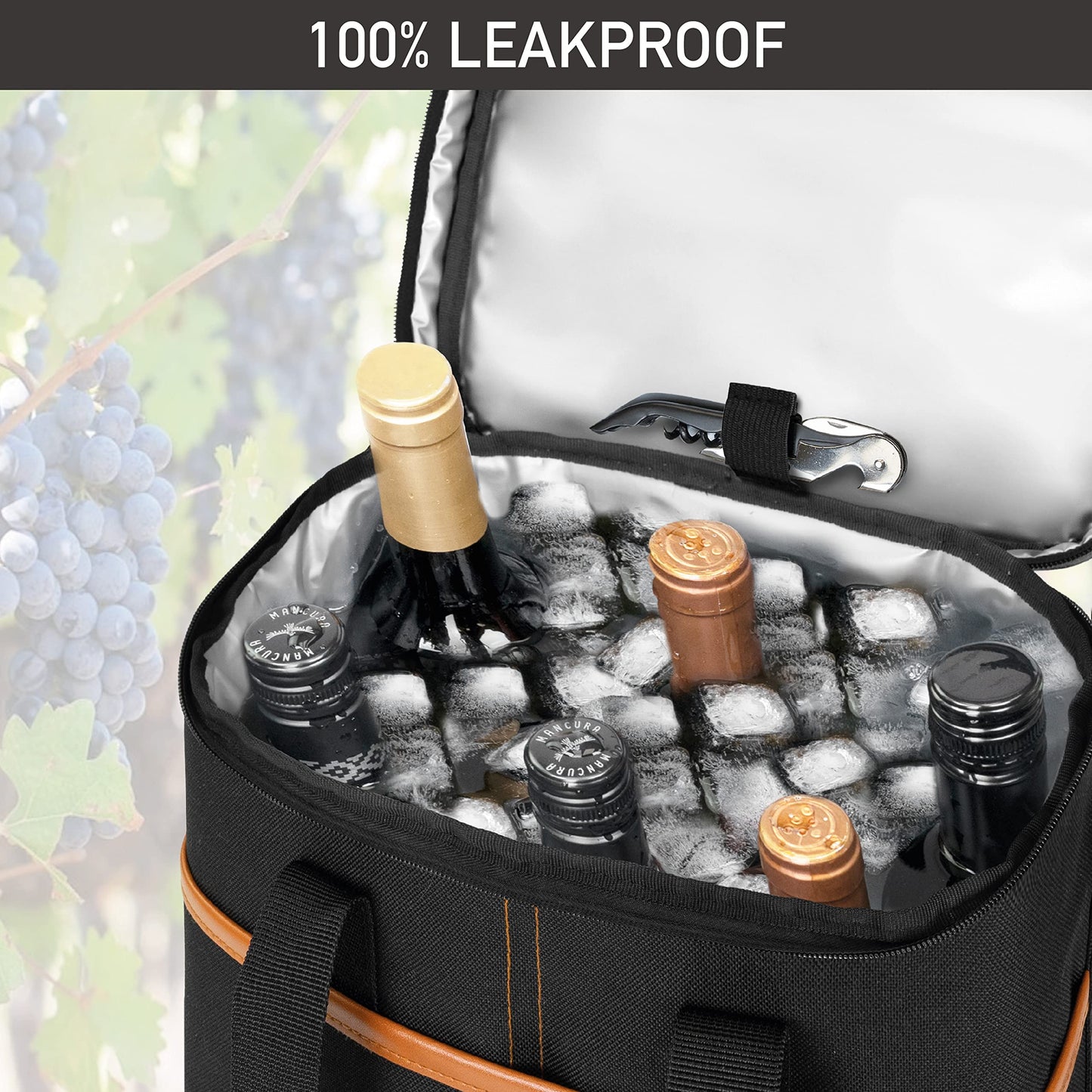 opux 6 Bottle Carrier Tote | Insulated Padded Wine Cooler Bag for Travel. Picnic, BYOB | Portable Leakproof Wine Tote Bag for Dinner, Party, Christmas, Wine Gift for Women, Men (Brown)