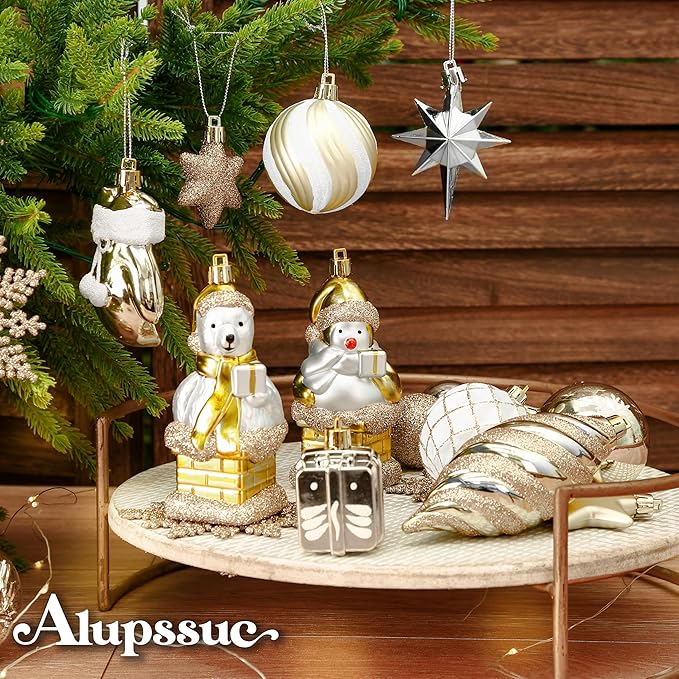 Alupssuc 112pcs Christmas Balls Ornaments Set, Shatterproof Plastic Baubles Christmas Penguin, Polar Bear for Xmas Tree Holiday Wedding Party Decorations with Hanging Strings, Gold, Silver and White