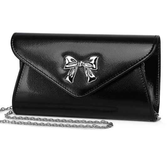 Gurina Evening Clutch Purse for Women with Bow Detail, Elegant PU Leather Shiny Party Bag with Detachable Chain Wedding Prom Handbag (Black L70)