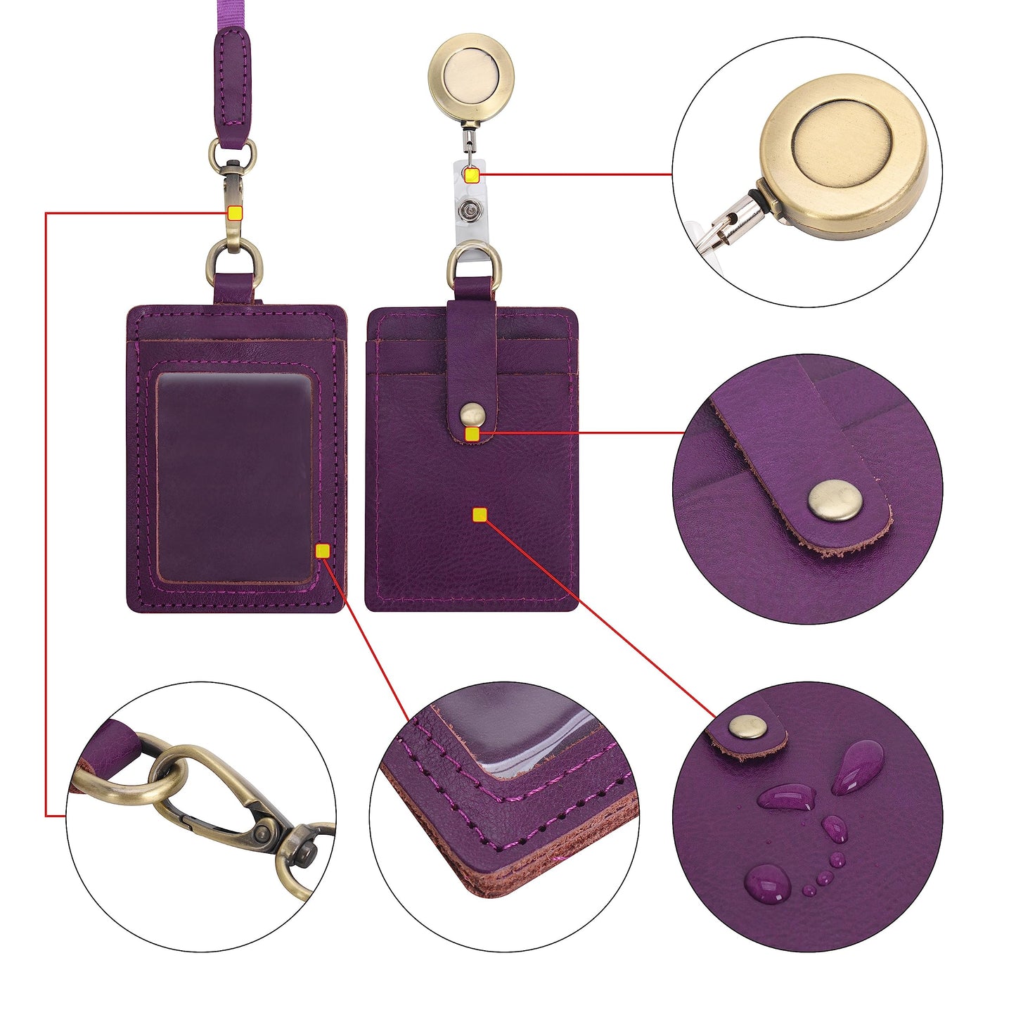 Wonderpool ID Badge Holder Genuine Leather Card Slots Case with Detachable Neck Lanyard and Retractable Badge Reel for Office School Hospital Exhibition ID & Driver Licence (Purple)
