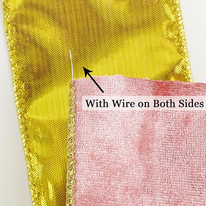 MEEDEE Pink and Gold Velvet Ribbon 2.5 inch Thick Velvet Wired Edge 10 Yards Two Tone Ribbon for Christmas Tree, Gift Wrapping, Wreaths, Large Bows, Crafts Supply