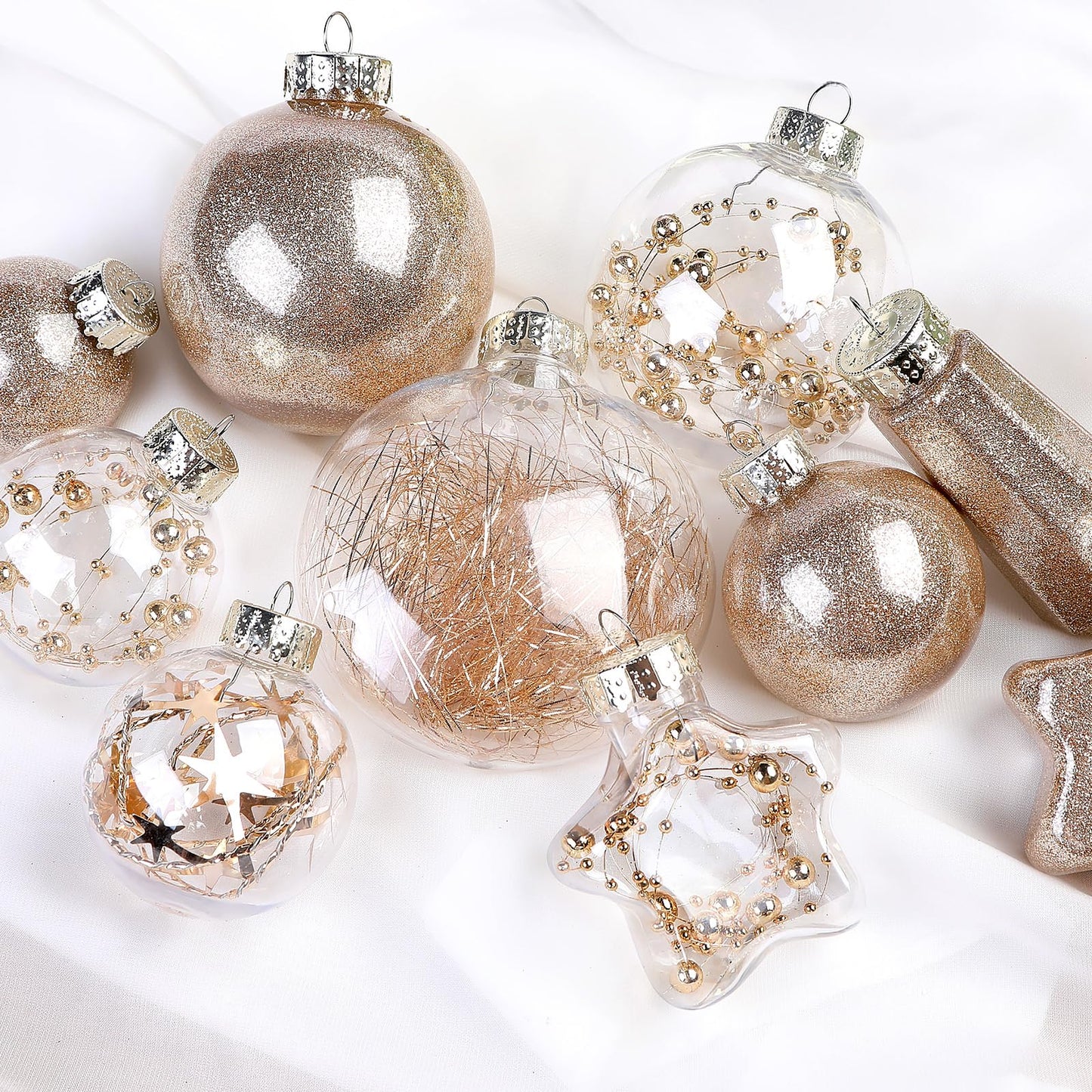 SHareconn 86PCS Christmas Tree Ornaments Clear Set,Shatterproof and Clear Plastic Baubles for Xmas Tree Decor, Holiday Wedding Party Decoration,Champagne