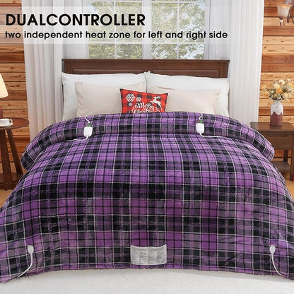 Heated Electric Blanket Queen Size, 84X90 Heating Blanket Queen with Dual Control&10 Heats Levels&Timer for Bed,Purple Plaid Sherpa Soft Blankets Warmer Gift for Grandma Women Adults, Washable