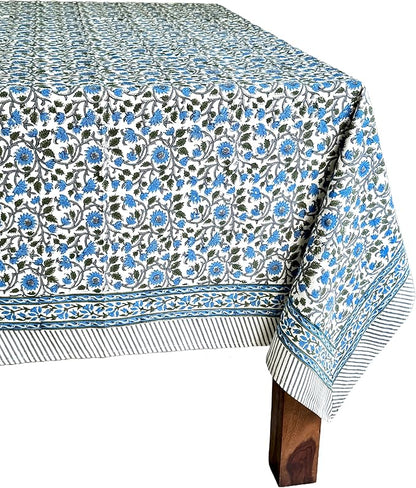 ATOSII Lake Como 100% Cotton Square Summer Tablecloth, Block Print Floral Linen Table Cloth for Kitchen Dining Table I Parties Weddings Outdoors I 60 X 108 Inches I 8 Seater I