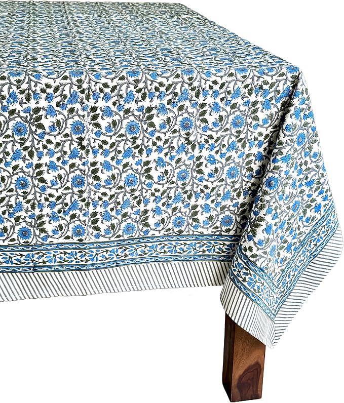 ATOSII Lake Como 100% Cotton Square Summer Tablecloth, Block Print Floral Linen Table Cloth for Kitchen Dining Table I Parties Weddings Outdoors I 60 X 60 Inches I 4 Seater I