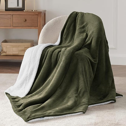 Bedsure GentleSoft Sherpa Fleece Throw Blanket Twin Size for Couch - Thick and Warm Throw for Men, Soft Fuzzy Plush Twin Blanket for Winter, Olive Green, 60x80 Inches